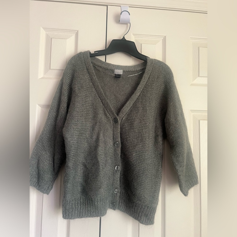 H&M Teal Gray Sparkle Relaxed fit Cardigan V-Neck-Size M